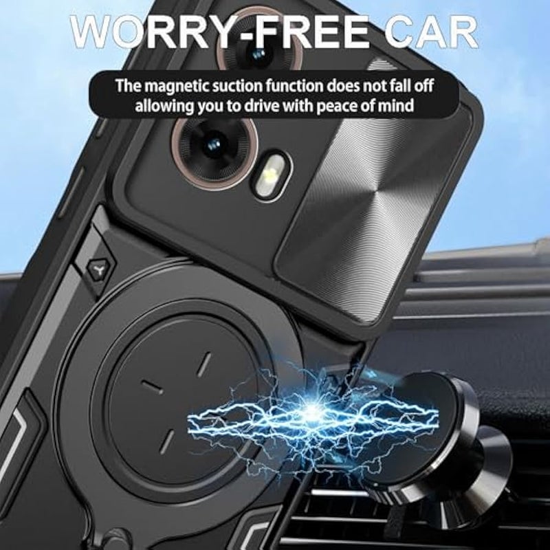 Armor Case for Motorola Moto G85 with Slide Camera Cover for Men, Military Grade Shockproof Case with Rotatable Big Ring Kickstand for Motorola Moto G85 5G JS, Black - Image 3